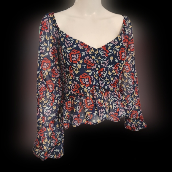 The Fifth Label Tops - The Fifth Label sheer floral ruched ruffle peplum top size XL